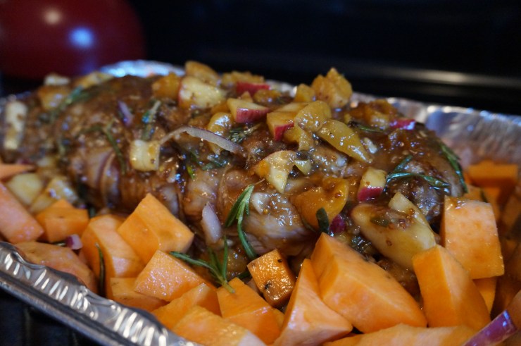 Spread remaining filling and apricot preserves on top, with sweet potatoes on the side if desired.