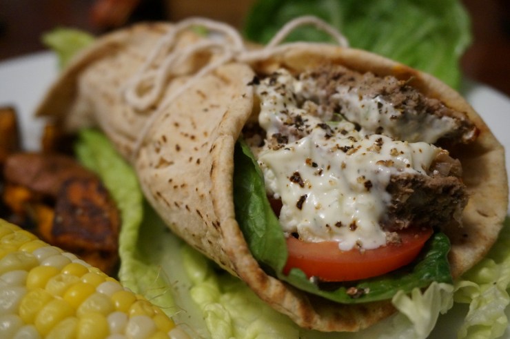 Top with desired toppings and tzatziki sauce, and wrap up in pita. Tie with a bow to keep it together!
