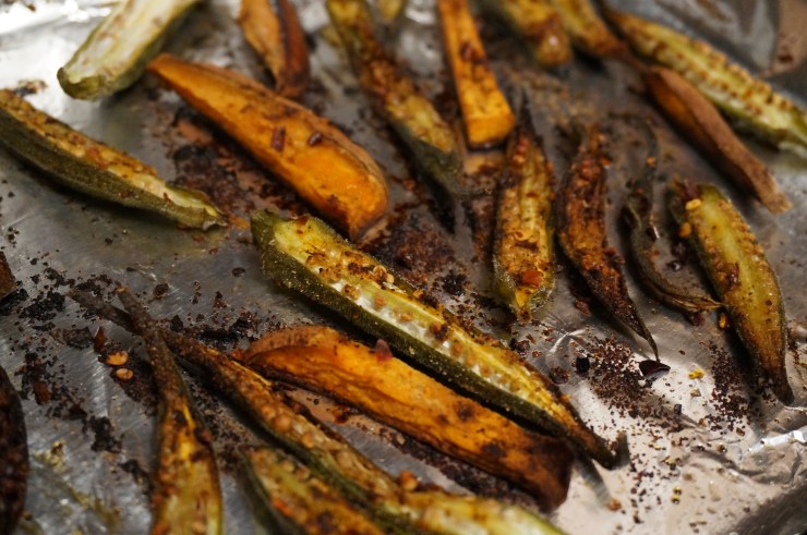 Roasted Okra and Sweet Potato Wedges