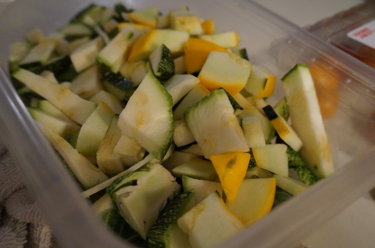 Prep your chopped veggies. Pictured here is some leftover squash and zucchini from a friend's mother's farm! Yay Summer.
