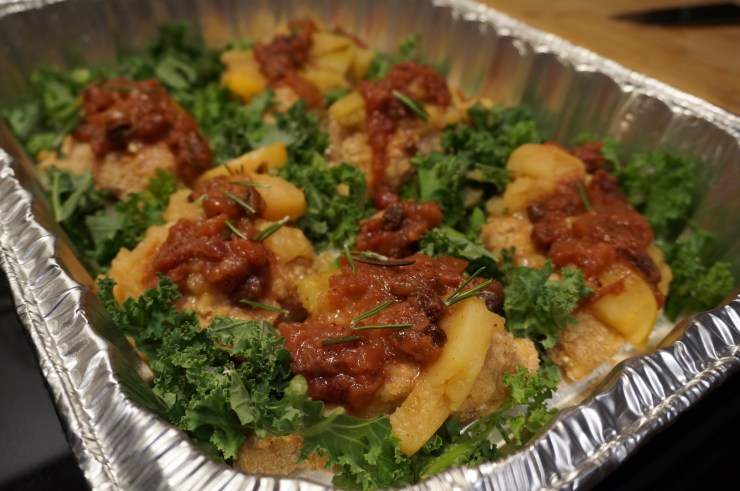 Layer breaded chicken with applesauce mixture and apple salsa.