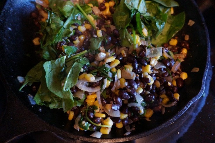 Cook onion with corn, beans, and cilantro. 