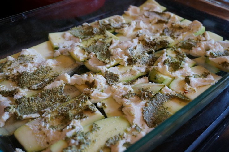 Top with some of ricotta and pesto.