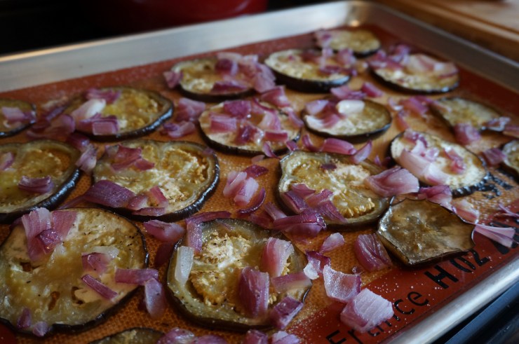Roasted eggplant out of the oven.