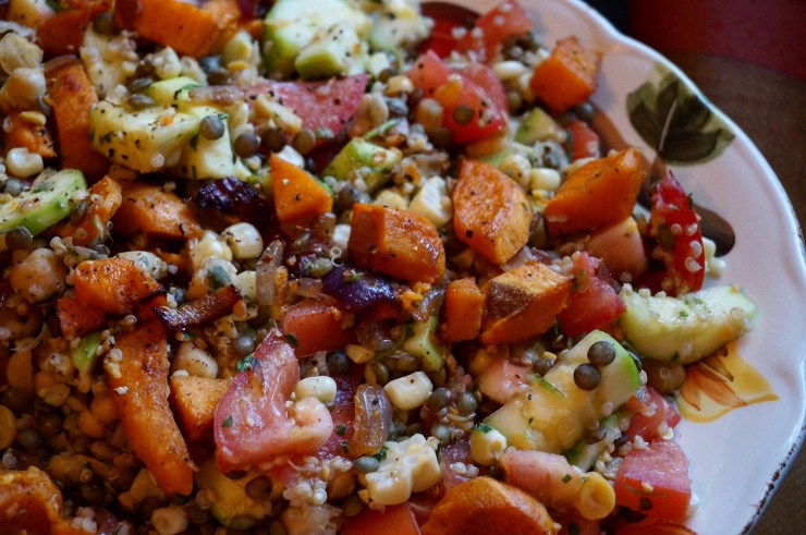 Roasted Sweet Potato and Summer Veggie Salad w/ Chickpeas and Lemon-Parsley Vinaigrette