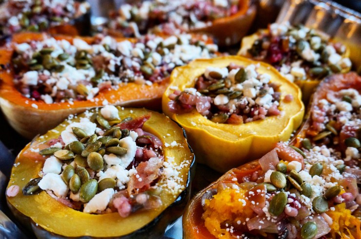 Scoop filling into squash halves and return to oven to cook until heated through